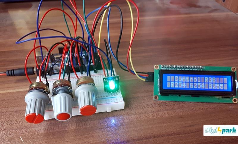 ایجاد نور توسط LED RGB آردوینو با پتانسیومتر و نمایش LCD کاراکتری - دیجی اسپارک