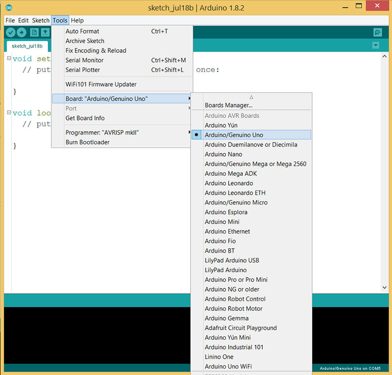 نرم افزار آردوینو ide 1.8.19 برای ویندوز انتخاب نوع برد - دیجی اسپارک